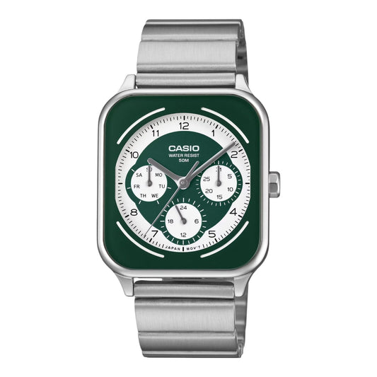 Casio MTP-M307D-3BV Mens Analogue Watch Green Dial Day Date Subdials Steel Band