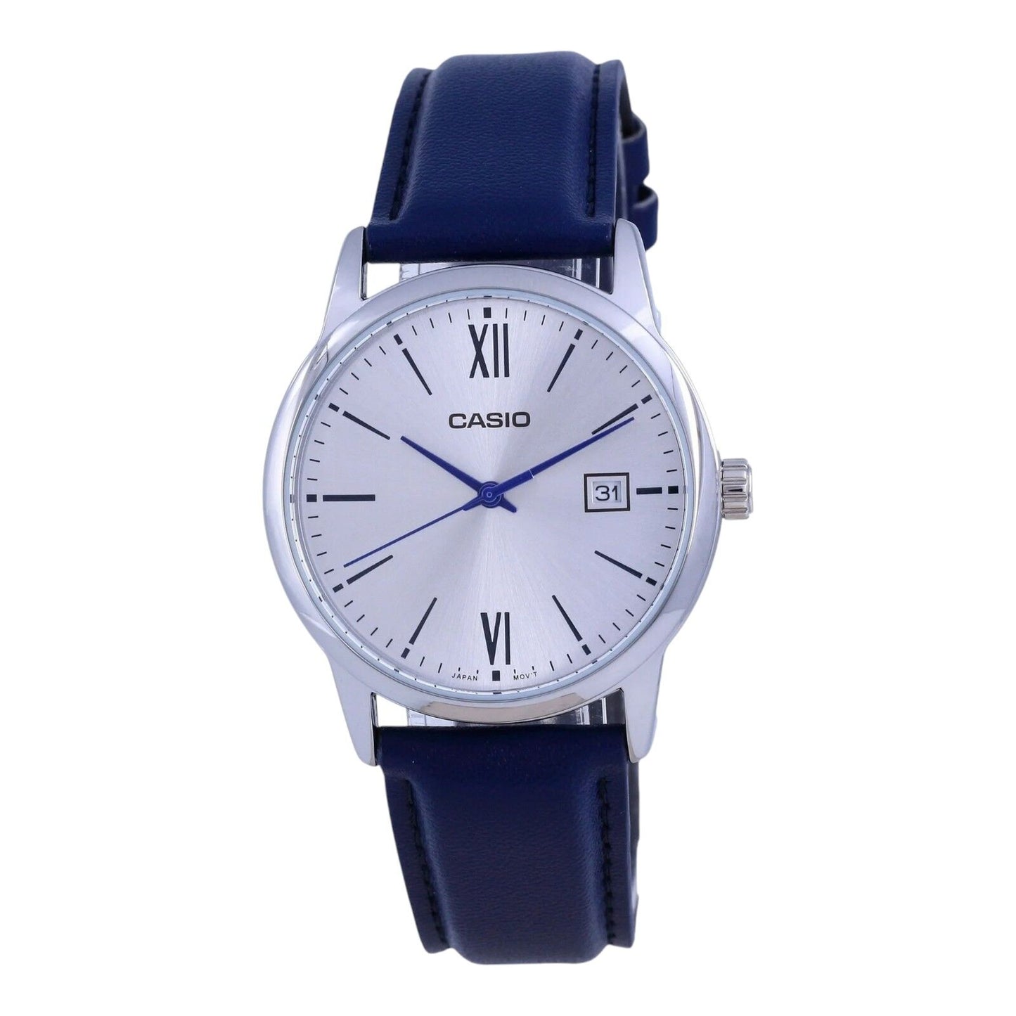 Casio MTP-V002L-2B3 Men's Blue Leather Band Roman Silver Dial Date Watch