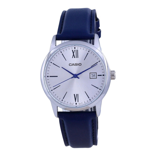 Casio MTP-V002L-2B3 Men's Blue Leather Band Roman Silver Dial Date Watch