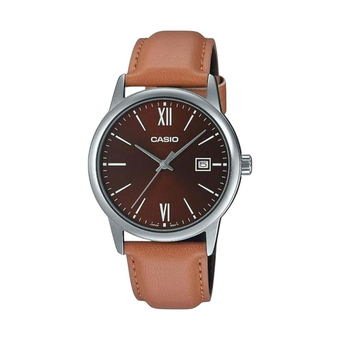 Casio MTPV002L-5B3 Watch Tan Leather Band/Silver Face