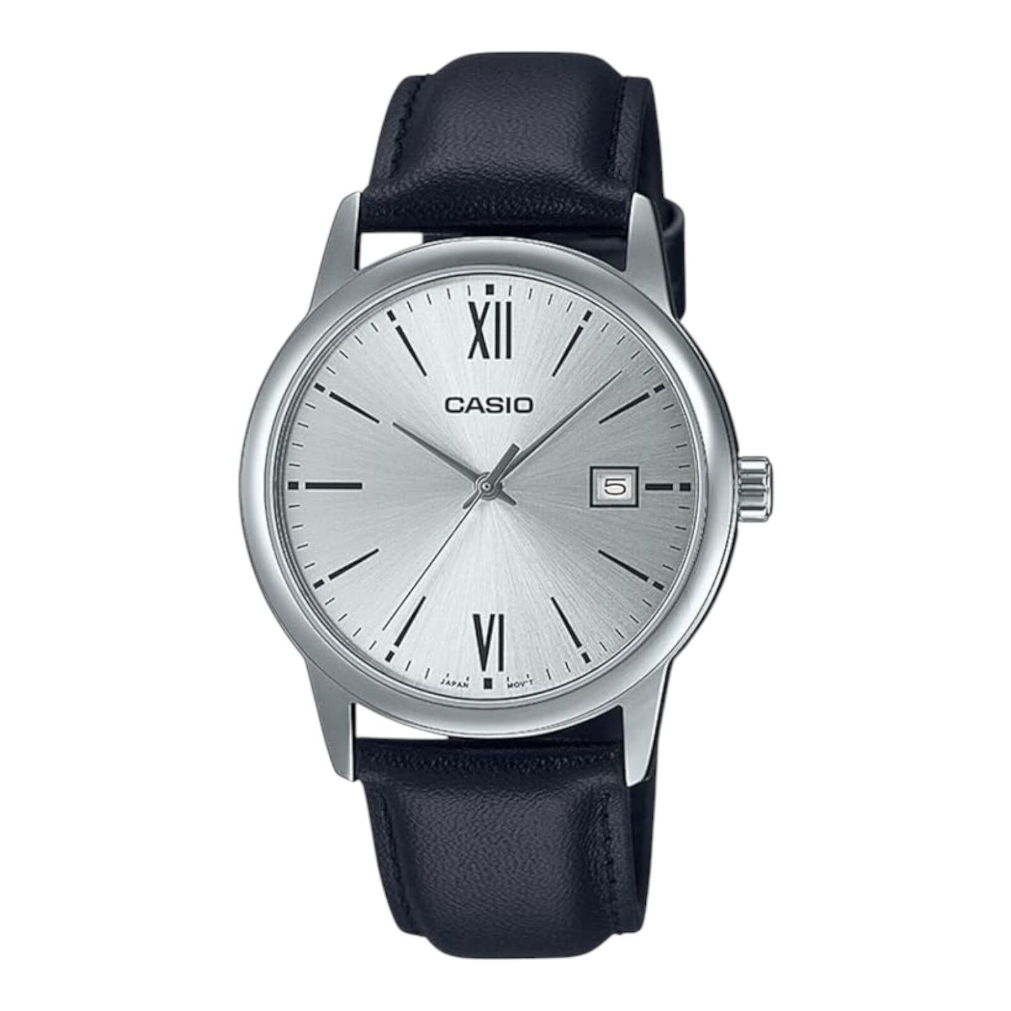Casio MTP-V002L-7B3UDF Silver Dial Black Leather Strap Date Display Men’s Watch