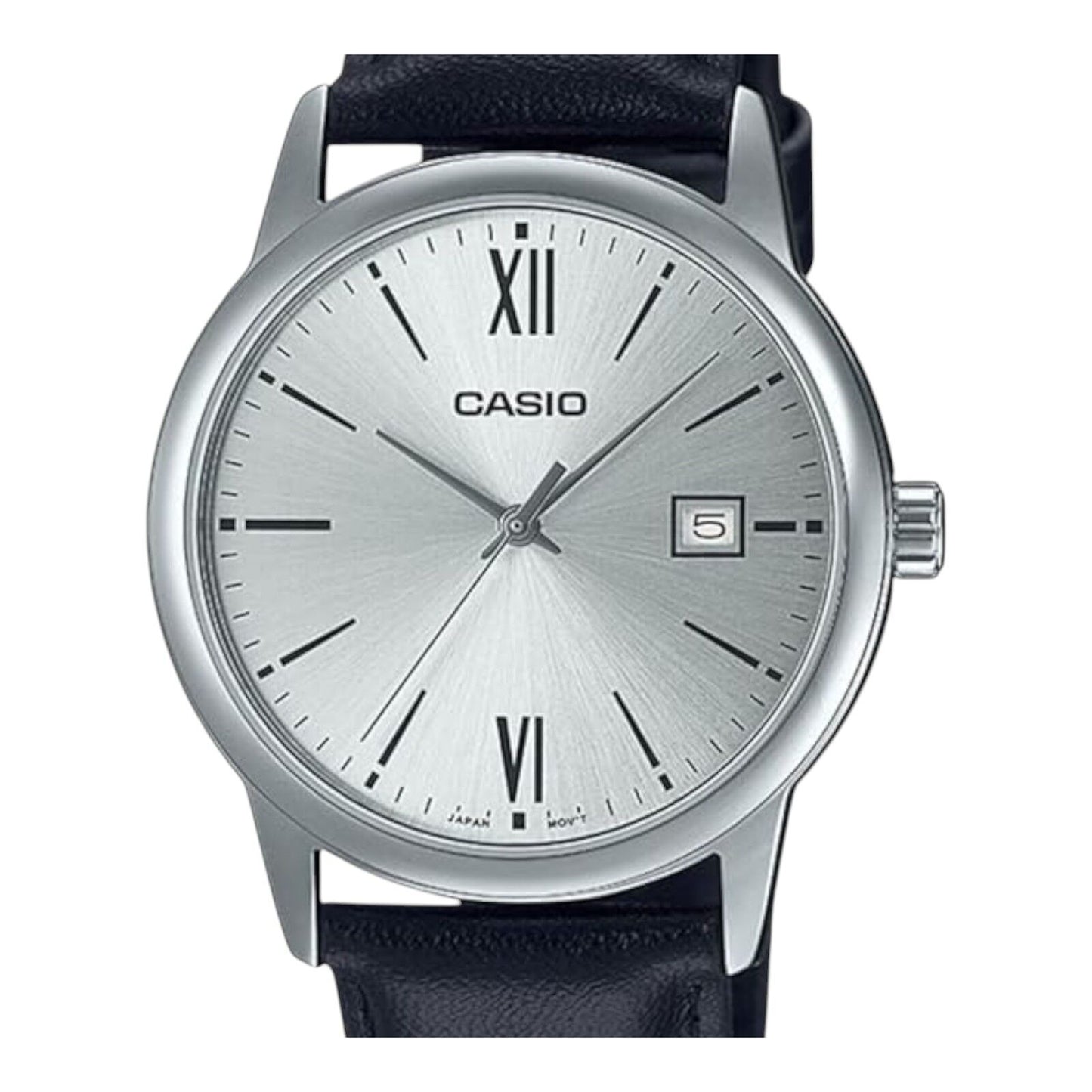 Casio MTP-V002L-7B3UDF Silver Dial Black Leather Strap Date Display Men’s Watch