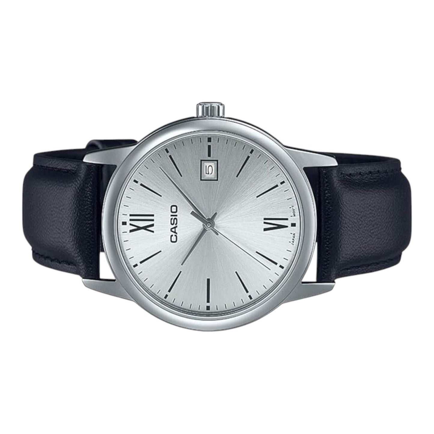 Casio MTP-V002L-7B3UDF Silver Dial Black Leather Strap Date Display Men’s Watch
