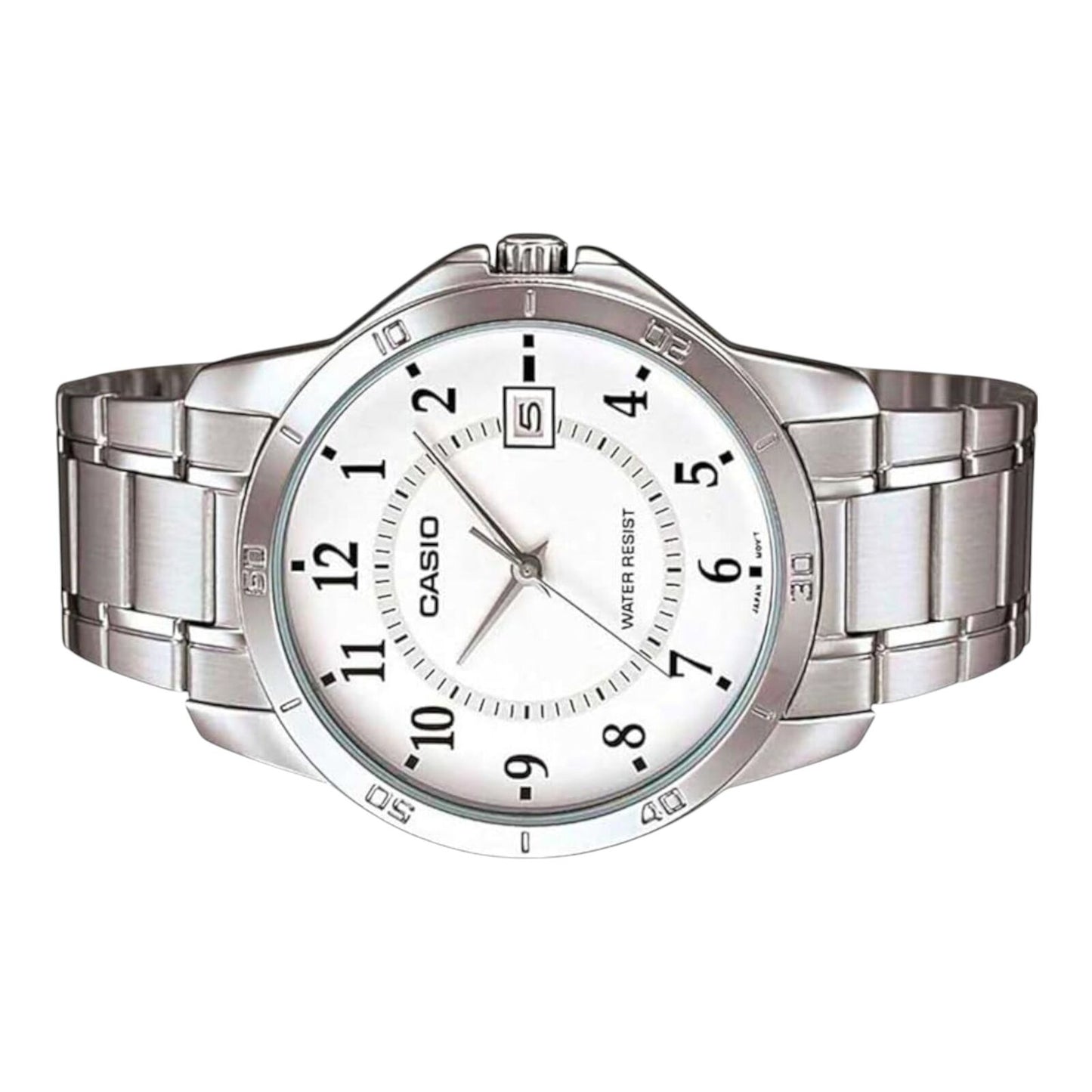 Casio MTP-V004D-7B Mens Watch White Dial Steel Band Date Display Water Resistant