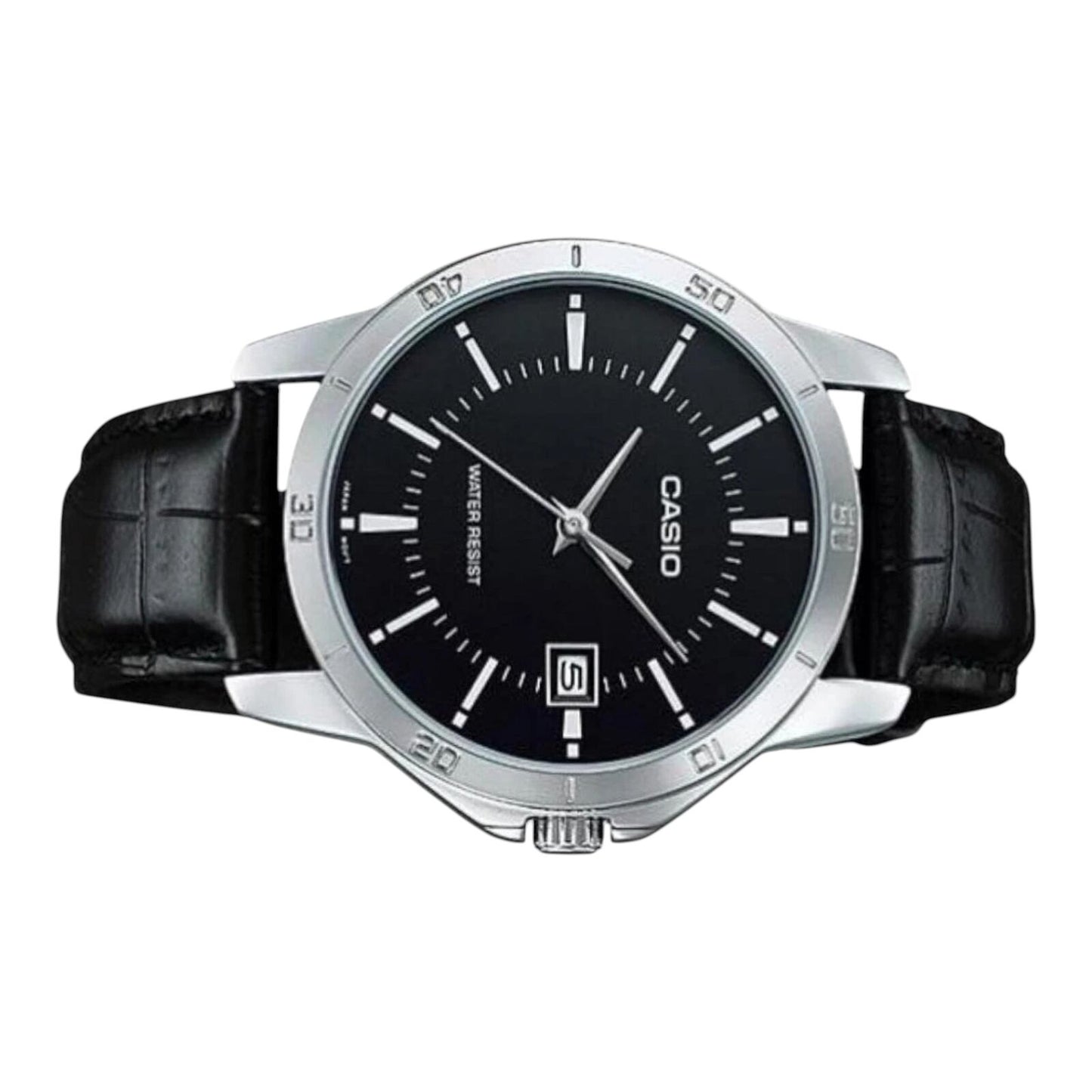 Casio MTP-V004L-1A Mens Watch Black Dial Leather Strap Date Display Water Resist