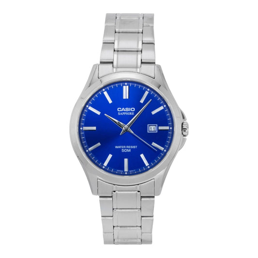 Casio MTS-115D-2A1V Mens Analogue Watch Sapphire Crystal Blue Dial Steel Band