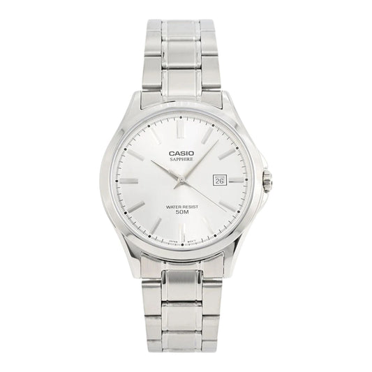 Casio MTS-115D-7AV Mens Analogue Watch Sapphire Crystal White Dial Steel Band