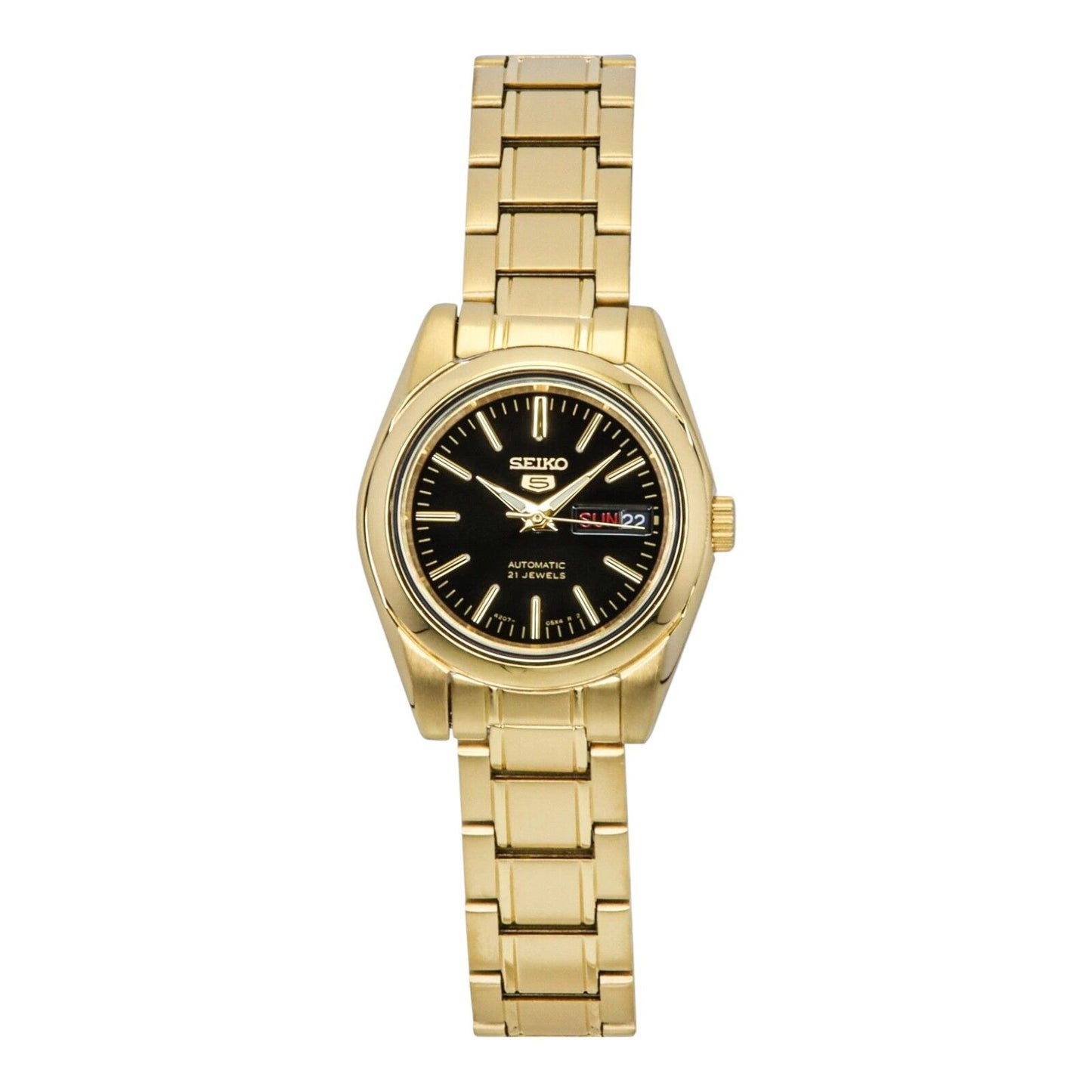 Seiko SYMK22K1 Black Dial Gold Tone Automatic Ladies Watch Day Date 27mm
