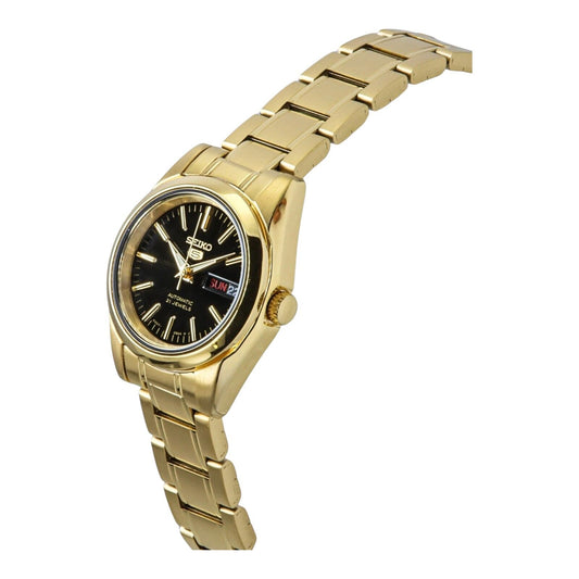 Seiko SYMK22K1 Black Dial Gold Tone Automatic Ladies Watch Day Date 27mm