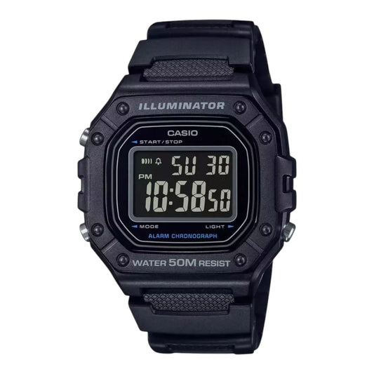 Casio W-218H-1BV Digital Watch Black Resin Band LED Light Stopwatch 50m