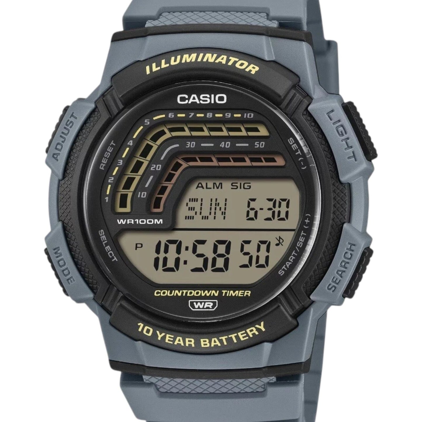 Casio WS-1800-2AV Mens Digital Watch Grey Resin Band 100m Countdown Timer