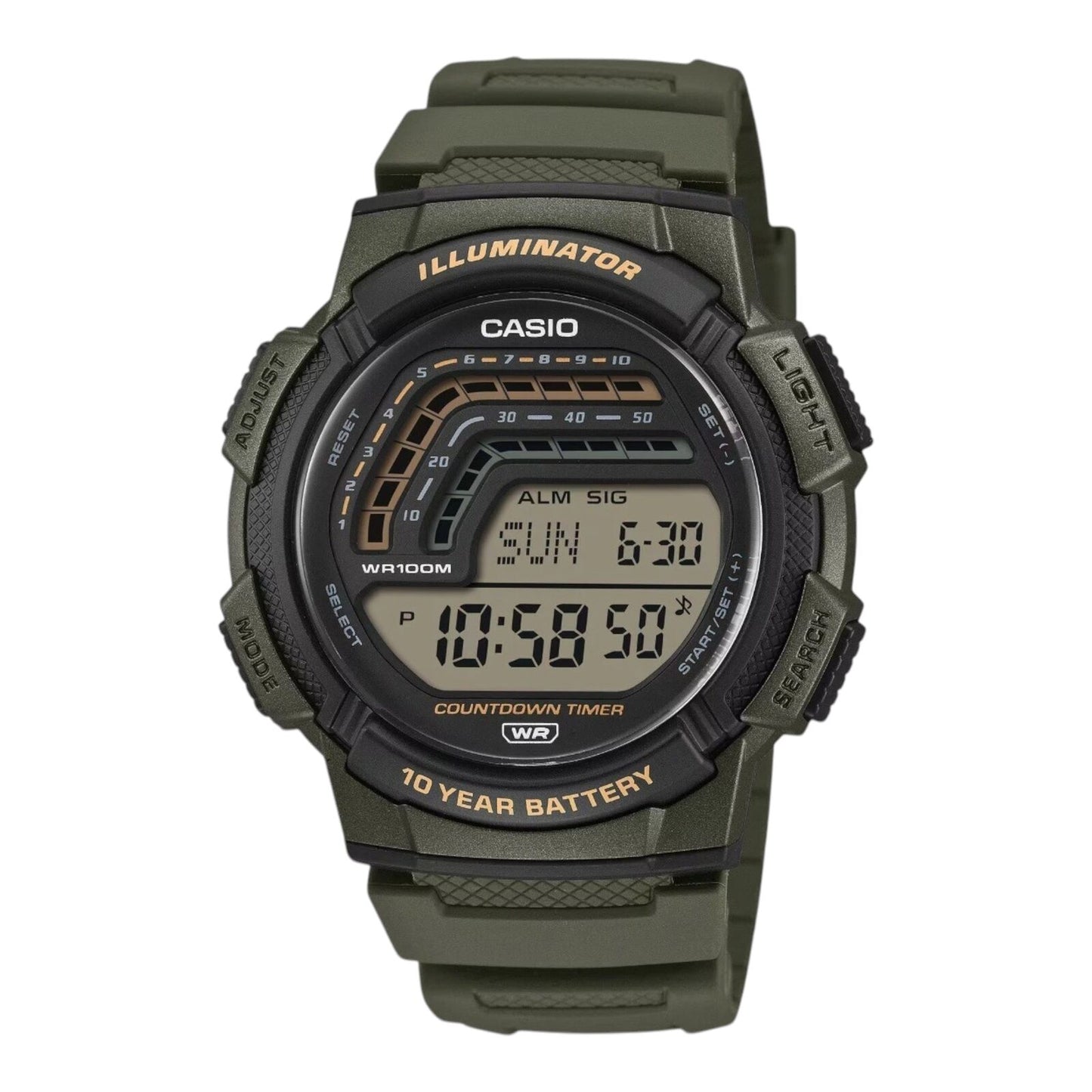 Casio WS-1800-3AV Mens Digital Watch Green Resin Band 100m Countdown Timer