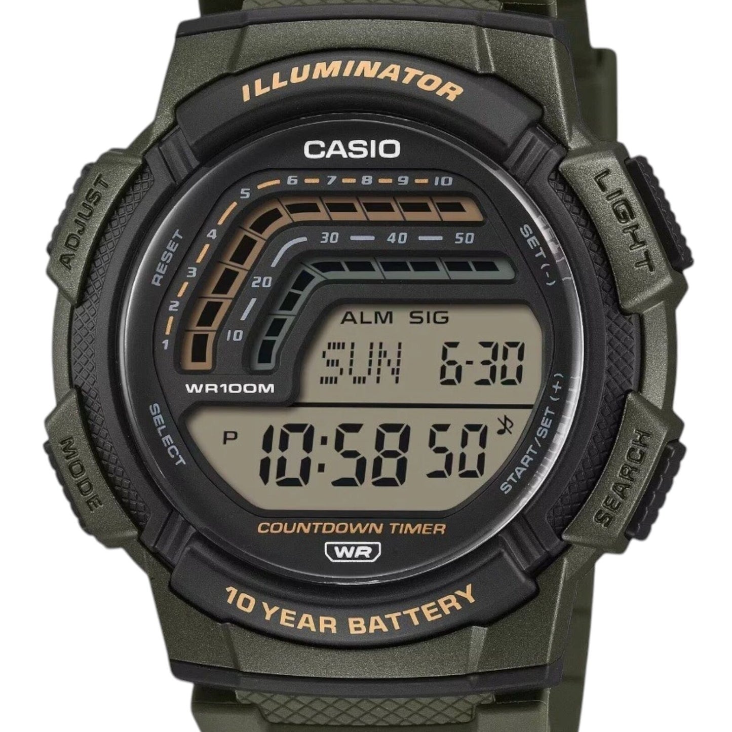 Casio WS-1800-3AV Mens Digital Watch Green Resin Band 100m Countdown Timer